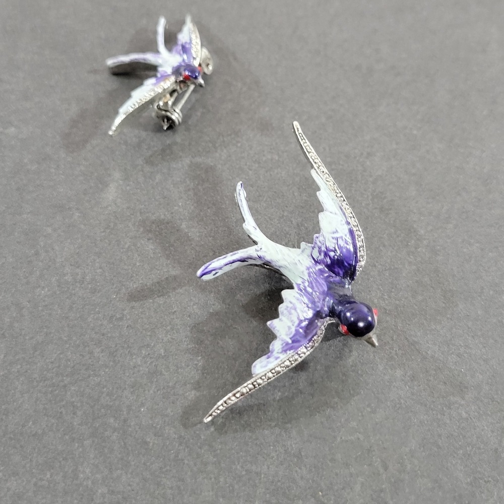 Enamel Bird Brooch Set of 2 Blue Silver Tone Fairy Garden Birder Cottage 2" 1.5"